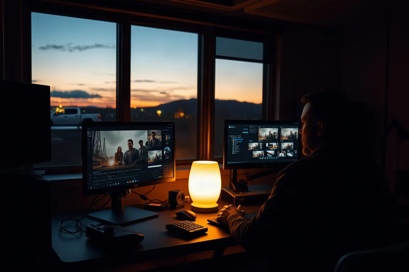 Professional video editing suite at dusk