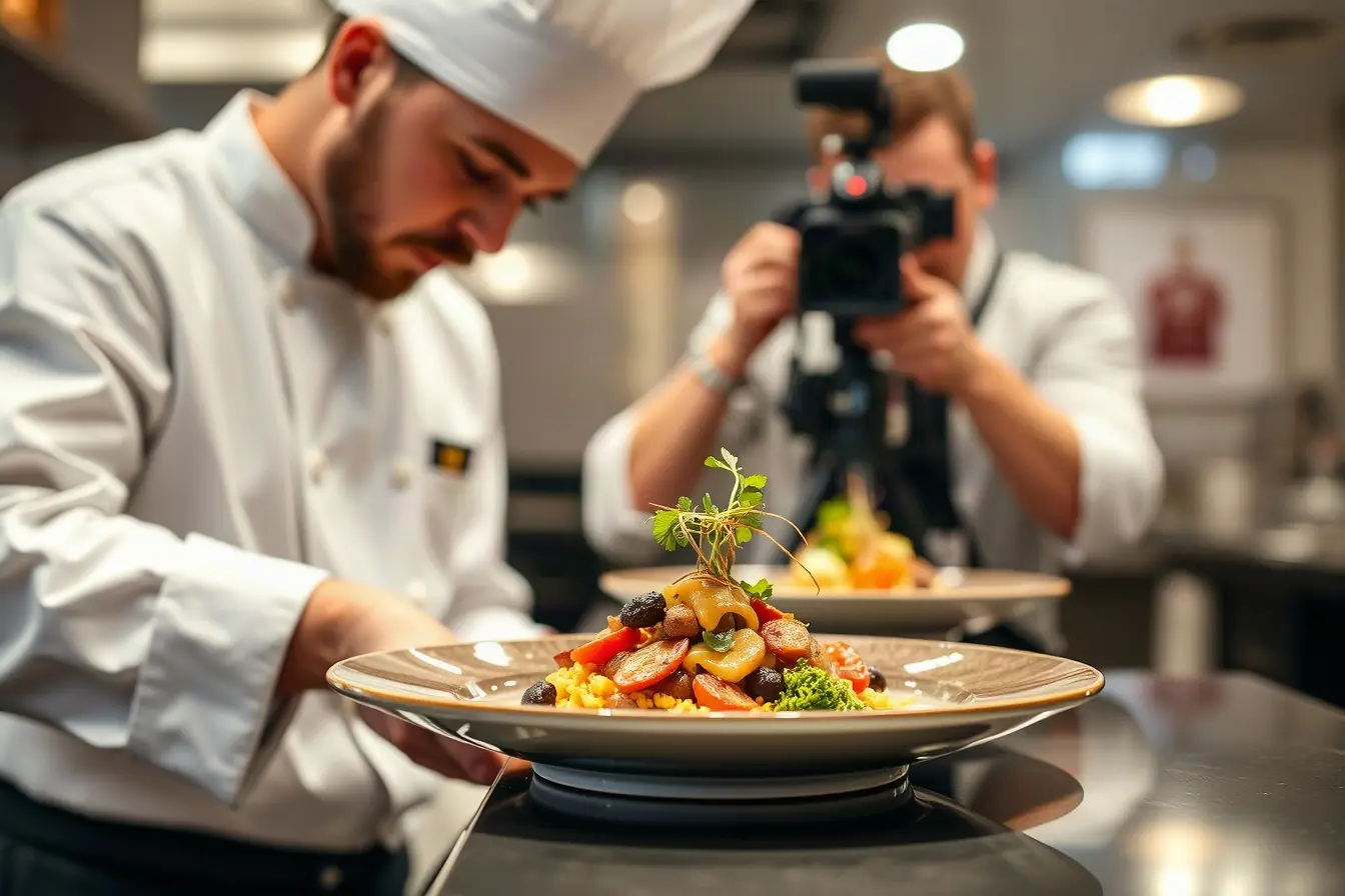 Chef plating a dish while a videographer films a close-up